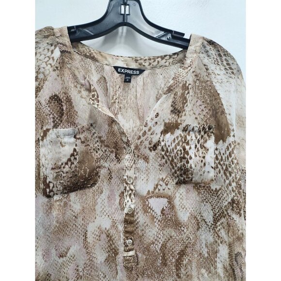 Express Women Blouse Small Brown Snake Skin Print Chiffon Tab Sleeve Half Button - Picture 2 of 8
